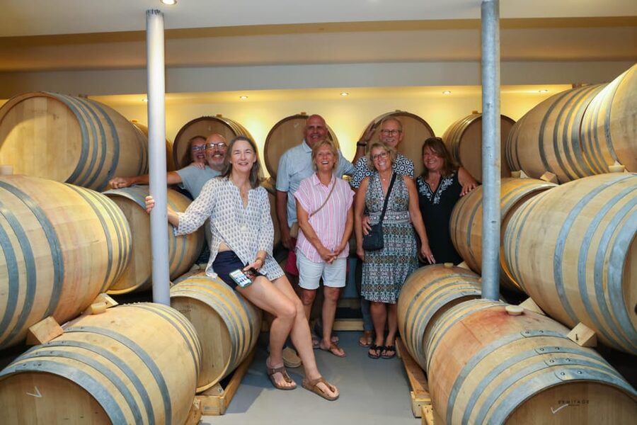 Santorini: Tour of Wineries with Wine Tasting & Food - First winery: local snacks, cellars, and the island’s grape vines